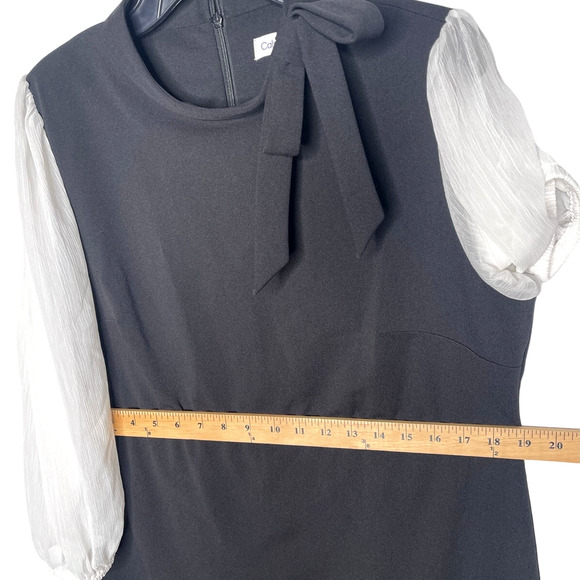Calvin Klein 14 Illusion $99 Bow Tie Neck Sheer Long Sleeve Dress Black White - Picture 7 of 9